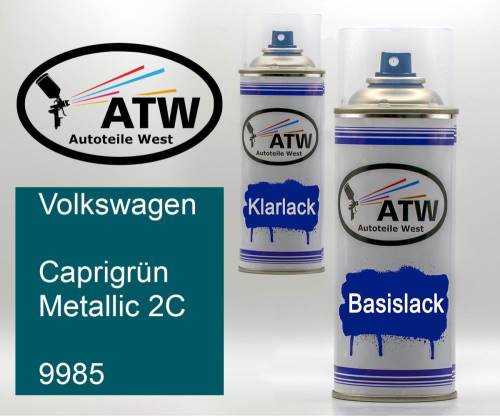 Volkswagen, Caprigrün Metallic 2C, 9985: 400ml Sprühdose + 400ml Klarlack - Set, von ATW Autoteile West.